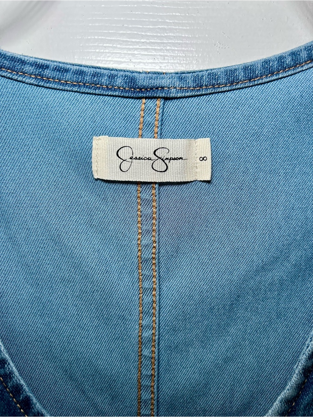✨ Jessica Simpson Denim Flare Jumpsuit Whishered Blue Retro 70s Size 8 - Picture 4 of 8